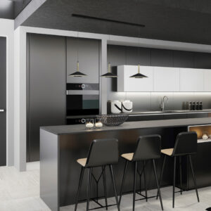 Luxury black interior living room with modern minimalist Italian style open space kitchen with big long kitchen island.